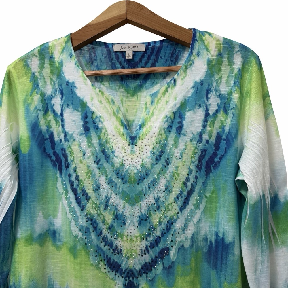 Jess & Jane Rhinestone Tie Dye Top Size L Blue Lightweight‎ Artsy 3/4 Sleeve NEW - Picture 4 of 9